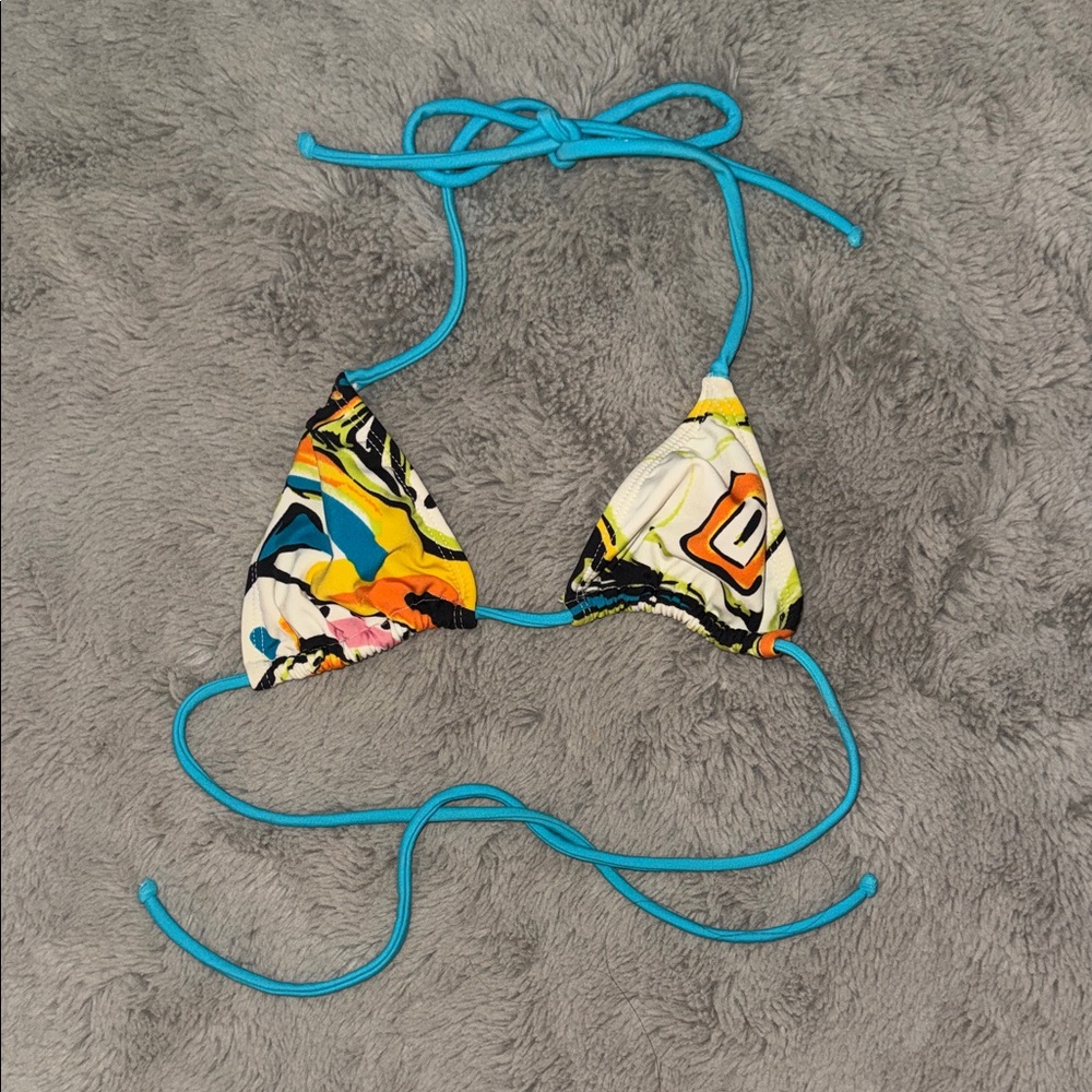 cleo Brasil Abstract Triangle Isty Bitsy Tiny Bikini Top with Bright Blue Ties